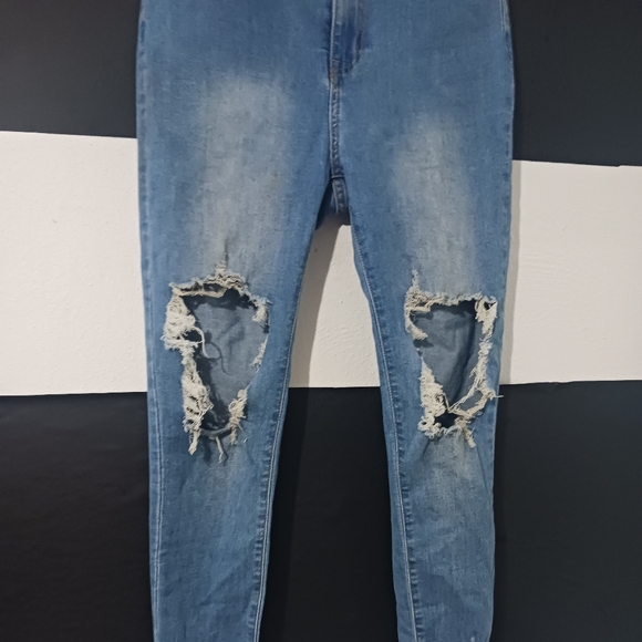 Shein Women light blue destroyed knee Fringe skinny jeans - Picture 5 of 12